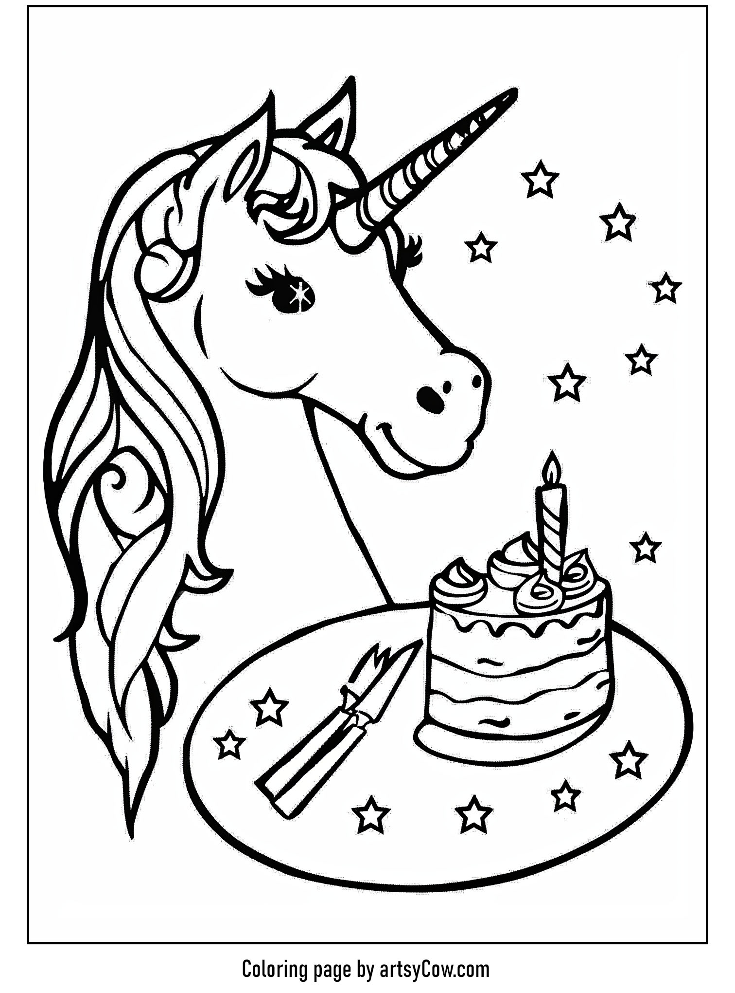 a joyous unicorn beside a beautifully decorated cake with a single lit candle
